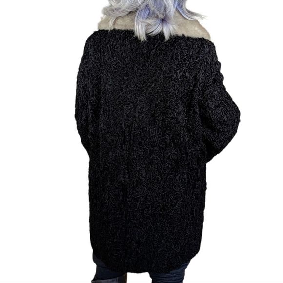 Vintage Black 50s Persian Lamb Karakul Gray Mink Collar Fur Coat Size Large - Picture 4 of 9